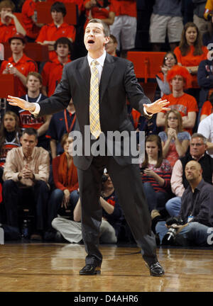 March 10, 2013 - Charlottesville, Virginia, USA - Maryland head coach Mark Turgeon reacts to a call during the game against Virginia Sunday in Charlottesville, VA. (Credit Image: © Andrew Shurtleff/ZUMAPRESS.com) Stock Photo