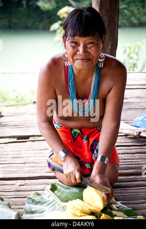 Embera indian woman cutting pineapples at the Embera Puru village, Rio Pequeni, Republic of Panama, Central America. Stock Photo