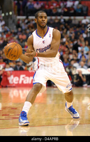 Los Angeles, California, USA. 10th March 2013. Clippers point guard Chris Paul (3) passes the ball during the NBA game between the Los Angeles Clippers and the Detroit Pistons at Staples Center in Los Angeles, CA. David Hood/CSM/Alamy Live News Stock Photo