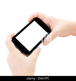 Child hands holding smart phone with clipping path Stock Photo