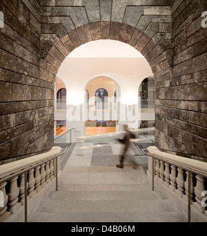 Palacio De Justicia in Burgos, Burgos, Spain. Architect: Primitivo Gonzalez Arquitecto, 2012. View through arches. Stock Photo