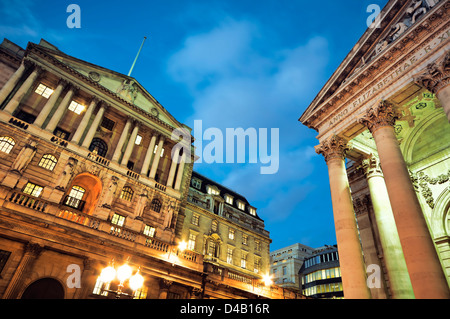 Bank of England and Royal Exchange at night. Stock Photo