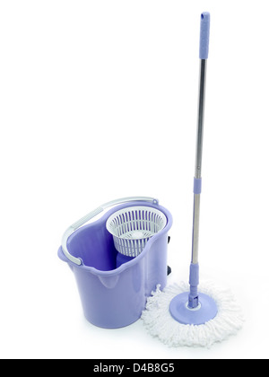 Rotary mop and empty bucket shot on white background Stock Photo