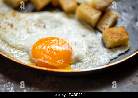 Frying pan full of scramble eggs from two eggs with a small pieces of toasted bread. Stands on grunge metal background. Stock Photo
