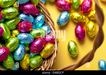 Easter basket with colorful chocolate eggs on yellow paper background, Top view. Macro shot Stock Photo