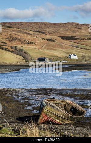 Beached boats at Loch Harport by Carbost on Isle of Skye in Scotland. Stock Photo