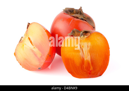 Ripe persimmons on white background.