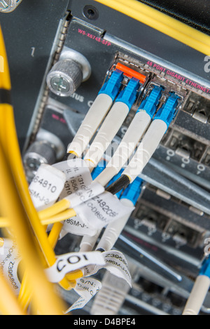 server with fiber optic cables in data center Stock Photo