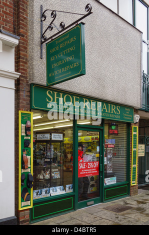Shoe repair shop. Cobblers Key Cutting Engraving Rose Lane Canterbury City Centre Kent England Stock Photo