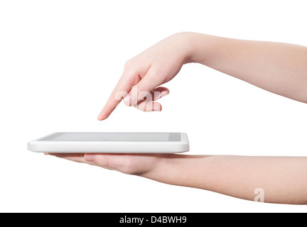 Finger pointing on a computer Tablet screen, isolated on white, clipping path Stock Photo