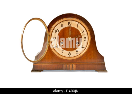Wooden antique table clock on a white background. Clipping path Stock Photo