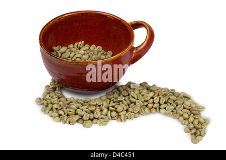 Green coffee beans, raw and not roasted, pictured with a red modern looking coffee mug isolated. Stock Photo