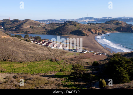 Rodeo Beach, Rodeo Lagoon, Fort Cronkhite, and the Marin Headlands at the Golden Gate National Recreation Area. Stock Photo