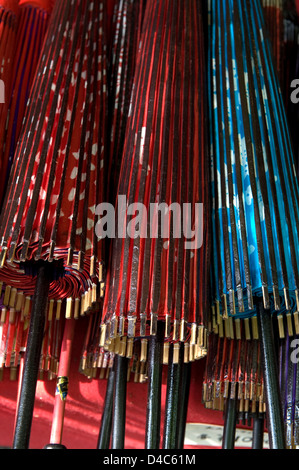 Pattern of red and blue traditional Japanese paper bangasa umbrellas. Stock Photo