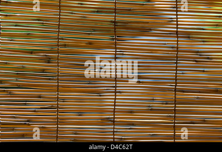 A horizontal bamboo window blind called a 'sudare' in Japanese allows soft sunlight to filter through. Stock Photo