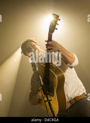 Munich, Germany. 11th March 2013. Marcus Mumford of British folk rock band Mumford and Sons performs during their concert at the Zenit Kulturhalle in Munich. Photo: Marc Mueller/dpa/Alamy Live News Stock Photo