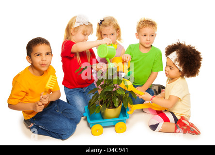 Five little kids playing planting tree and water it in cart, isolated on white Stock Photo