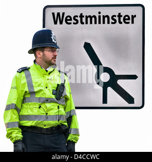 Metropolitan Police Westminster London Road Sign England UK (includes roundabout detail) Stock Photo