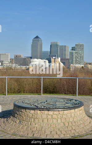 View of Docklands Canary Wharf from Stave Hill, Russia Dock Woodland, Rotherhithe, London, UK. Stock Photo