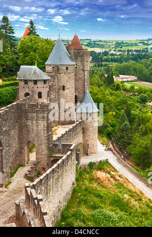 View of fortress Carcassonne (France, Languedoc), river Aude and Old bridge Stock Photo