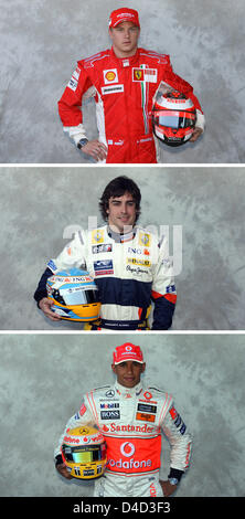 The picture combo shows Formula One drivers (top-bottom) Finnish 2007 Formula 1 World Champion Kimi Raikkonen of Scuderia Ferrari , 3rd placed Spaniard Fernando Alonso of Renault F1, and runner-up Briton Lewis Hamilton of McLaren Mercedes during a photo call at Albert Park Circuit in Melbourne, Australia, 13 March 2008. The Formula 1 Australian Grand Prix will take place on Sunday  Stock Photo