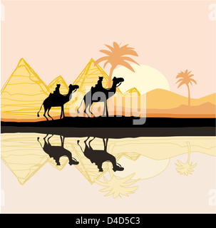 Bedouin camel caravan in wild Africa landscape illustration Stock Photo