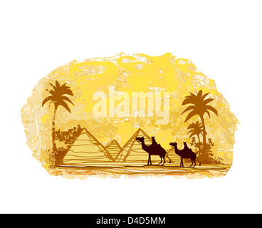 Bedouin camel caravan in wild africa landscape illustration Stock Photo