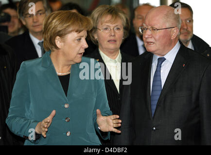 German Chancellor Angela Merkel (L) pictured with Jean-Paul Costa (R), President of the European Court of Human Rights in Strasbourg, and Renate Jaeger (C), Judge of the European Court of Human Rights, in Strasbourg, France, 15 April 2008. Mrs. Merkel paid a visit to various European bodies, among them the Parliamentary Assembly of the Council of Europe (PACE) and the European Cour Stock Photo