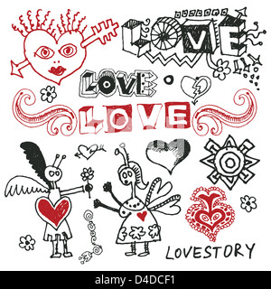 funny love doodles, hand drawn design elements isolated on white background Stock Photo