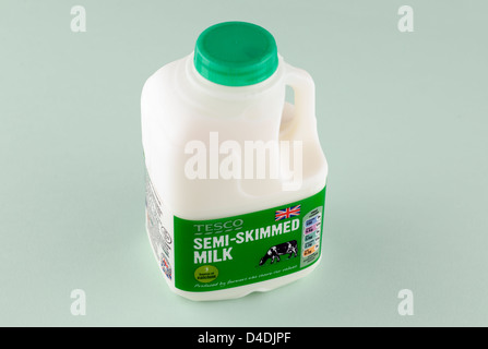 Tesco British one pint of semi skimmed milk Stock Photo