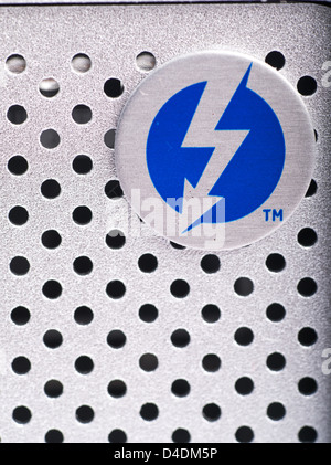 LONDON-JAN.01:  thunderbolt logo on an hard disk photographed  on 18th january, 2013 in London,UK. Intel thunderbolt is a new connectivity solution that offer a speed of transfer faster 10 times compared to esata and older connection solution. Stock Photo