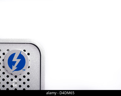 LONDON-JAN.01:  thunderbolt logo on an hard disk photographed  on 18th january, 2013 in London,UK. Intel thunderbolt is a new connectivity solution that offer a speed of transfer faster 10 times compared to esata and older connection solution. Stock Photo