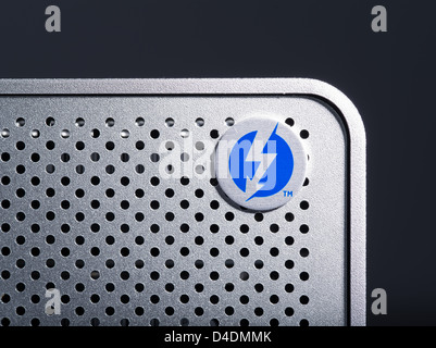 LONDON-JAN.01:  thunderbolt logo on an hard disk photographed  on 18th january, 2013 in London,UK. Intel thunderbolt is a new connectivity solution that offer a speed of transfer faster 10 times compared to esata and older connection solution. Stock Photo