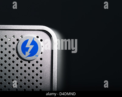 LONDON-JAN.01:  thunderbolt logo on an hard disk photographed  on 18th january, 2013 in London,UK. Intel thunderbolt is a new connectivity solution that offer a speed of transfer faster 10 times compared to esata and older connection solution. Stock Photo