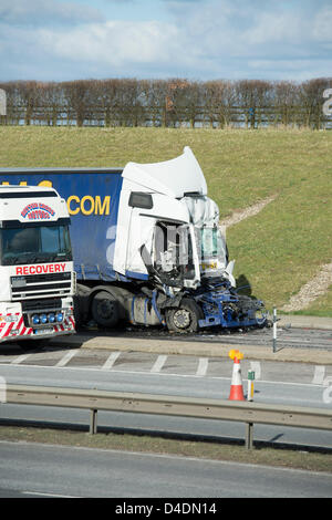 A130, Rettendon, Essex. 12th March 2013. About 1115hrs  today, a collision involving two Large Goods Vehicles occurred. Unfortunately the driver of one vehicle died at the scene. Essex Police Serious Collision Unit are investigating the incident.  Credit:  Allsorts Stock Photo / Alamy Live News Stock Photo