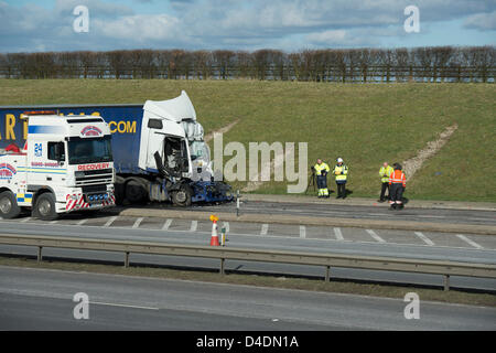 A130, Rettendon, Essex. 12th March 2013. About 1115hrs  today, a collision involving two Large Goods Vehicles occurred. Unfortunately the driver of one vehicle died at the scene. Essex Police Serious Collision Unit are investigating the incident.  Credit:  Allsorts Stock Photo / Alamy Live News Stock Photo