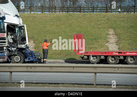 A130, Rettendon, Essex. 12th March 2013. About 1115hrs  today, a collision involving two Large Goods Vehicles occurred. Unfortunately the driver of one vehicle died at the scene. Essex Police Serious Collision Unit are investigating the incident.  Credit:  Allsorts Stock Photo / Alamy Live News Stock Photo