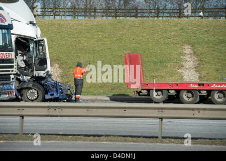 A130, Rettendon, Essex. 12th March 2013. About 1115hrs  today, a collision involving two Large Goods Vehicles occurred. Unfortunately the driver of one vehicle died at the scene. Essex Police Serious Collision Unit are investigating the incident.  Credit:  Allsorts Stock Photo / Alamy Live News Stock Photo