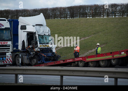 12th March 2013. A130, Rettendon, Essex. About 1115hrs  today, a collision involving two Large Goods Vehicles occurred. Unfortunately the driver of one vehicle died at the scene. Essex Police Serious Collision Unit are investigating the incident. The vehicle is recovered for further investigation Stock Photo