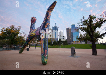 The Angel sculpture by Deborah Halpern, with city skyline in background. Birrarung Marr, Melbourne, Victoria, Australia Stock Photo