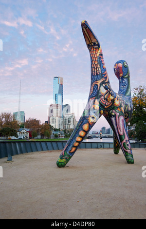 The Angel sculpture by Deborah Halpern, with city skyline in background. Birrarung Marr, Melbourne, Victoria, Australia Stock Photo