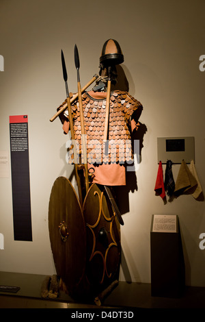 Historic weapons, helmet, shield, spears on display at the military ...