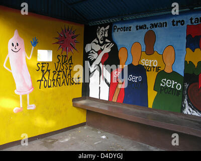 The picture shows colourful anti-Aids campaign boards at a bus stop in Belle Mare, Mauritius, 09 April 2008. Photo: Lars Halbauer Stock Photo