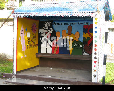 The picture shows colourful anti-Aids campaign boards at a bus stop in Belle Mare, Mauritius, 09 April 2008. Photo: Lars Halbauer Stock Photo