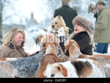 Two ladies lift their Norfolk Terrier pet dog away from inquisitive hounds at a meeting of the Beaufort Hunt in Badminton Park J Stock Photo