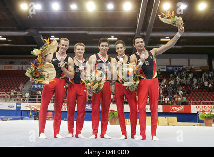 (L-R) Germany's Robert Juckel, Fabian Hambuechen, Philipp Boy, Marcel Nguyen and Robert Weberat pose with their silver medals won in the team finals of the 28th European Men's Artistic Gymnastics Championships in Lausanne, Switzerland, 10 May 2008. Photo: FRANK MAY Stock Photo