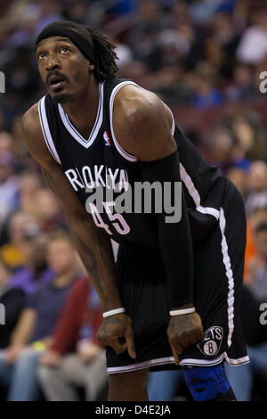 March 11, 2013: Brooklyn Nets small forward Gerald Wallace (45) looks on during the NBA game between the Brooklyn Nets and the Philadelphia 76ers at the Wells Fargo Center in Philadelphia, Pennsylvania. The Philadelphia 76ers beat the Brooklyn Nets, 106-97 Stock Photo