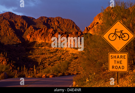 Gates Pass Road west of downtown Tucson at sunset, AZ Share the road sign. USA Stock Photo