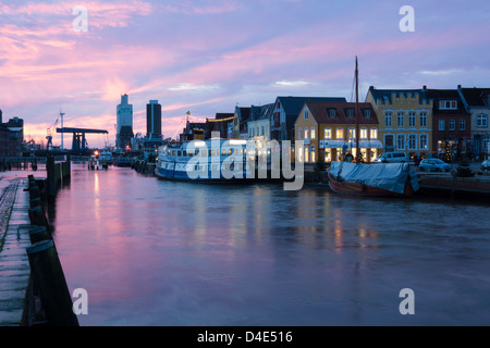 Sunset over the inner harbour of Husum,  North Sea, North Frisia,  Schleswig-Holstein, Germany, Europe Stock Photo