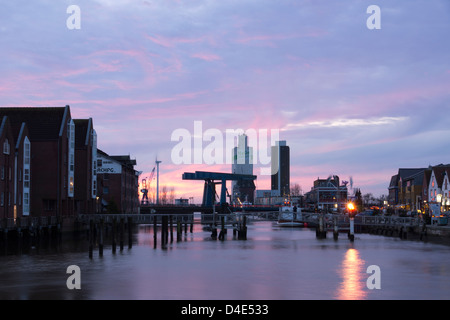 Sunset over the inner harbour of Husum,  North Sea, North Frisia,  Schleswig-Holstein, Germany, Europe Stock Photo